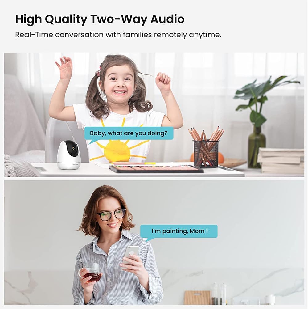 A child and a parent communicating via the Tenda CP6 camera's two-way audio feature.