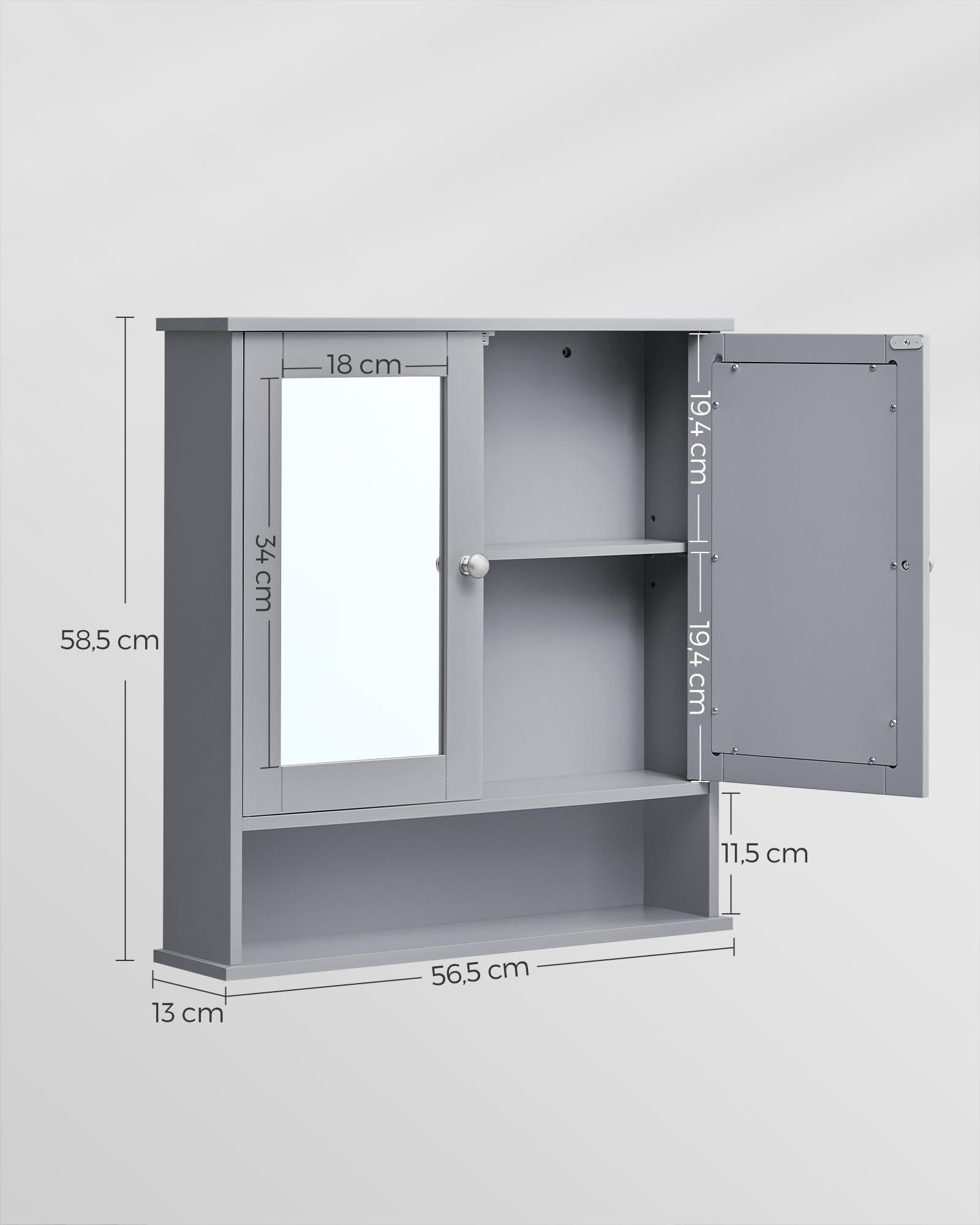 VASAGLE Armadio da parete, mobile da bagno, armadio da appendere, 2 ante a specchio e scomparto aperto, ripiano regolabile, 13 x 56,5 x 58,5 cm, grigio tortora LHC002G02