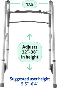 Medline Lightweight Two Button Folding Walker with 5 Wheels, Aluminum Frame Supports up to 300 lbs