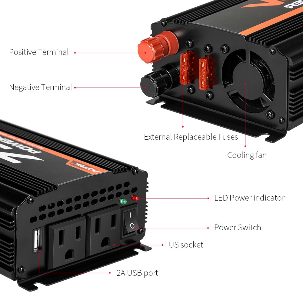 POTEK 750W Car Power Inverter DC 12 V to AC 110V Dual AC Charging Ports / 2A USB Ports for Laptop, Smart Phone