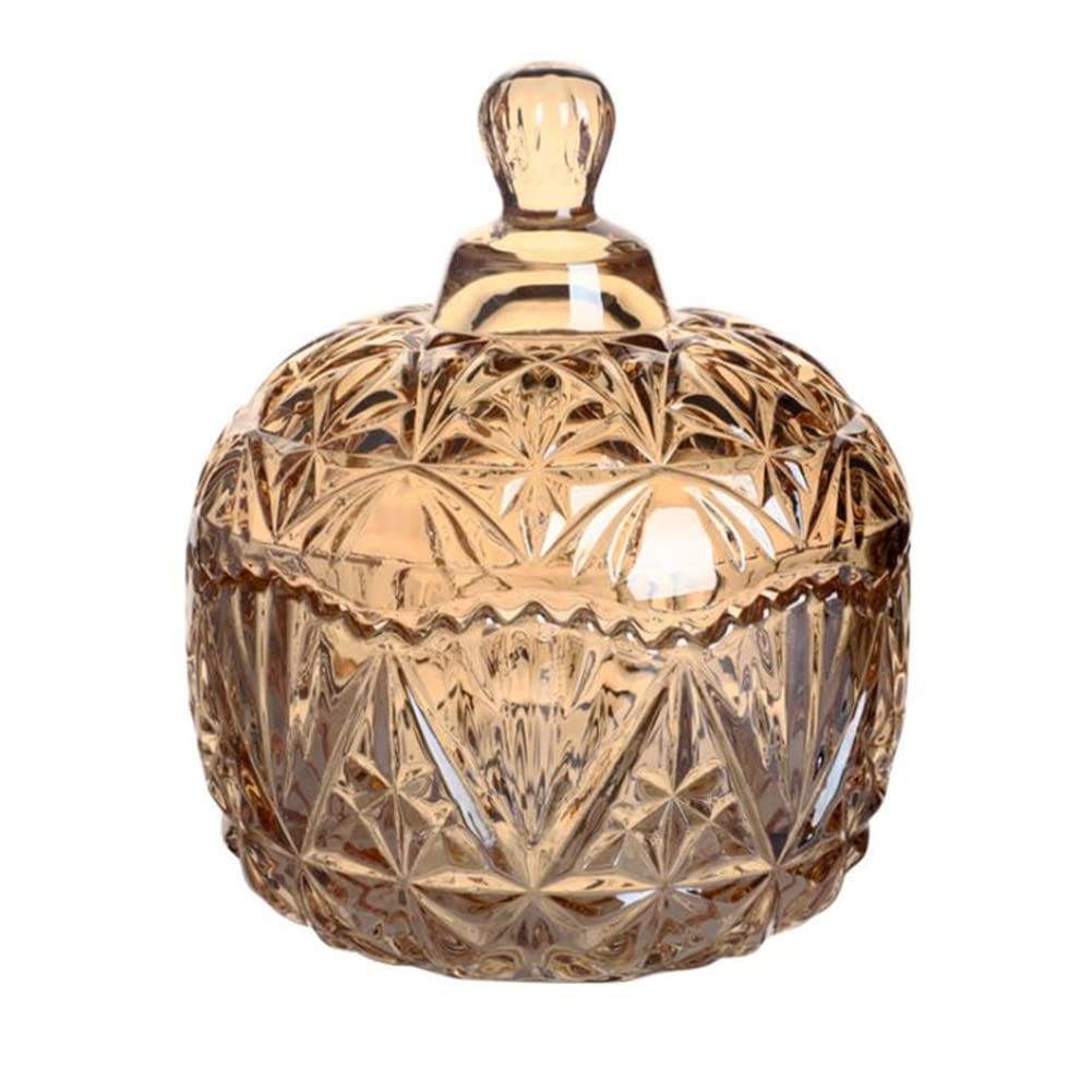 SHUILING Crystal Candy Jar with Lid Glass Candy Dishes Sugar Bowl Chocolate Cookie Jar Food Containers Wedding Candy Buffet Jar Decorative Jewelry Box for Home Office Desk (Amber)