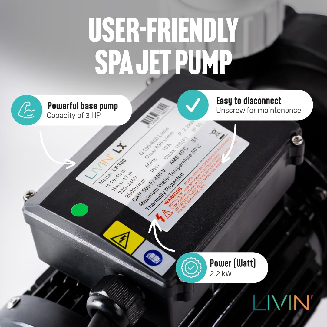 LIVIN' LX LP300 Jet Pompa Basenowa - Cyrkulacyjna Do Jacuzzi 2,2 kW / 3 HP - Filtrująca Do Basenu, 635 l/min, Nad Podłożem, 230 V/50 Hz, Cicha