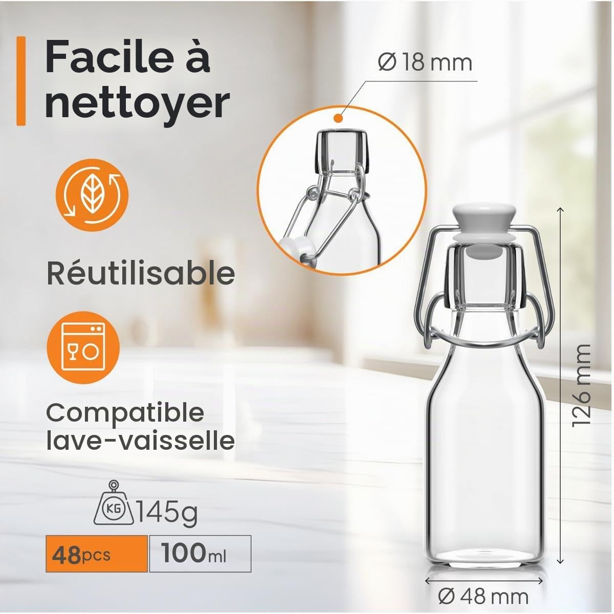 48x Bouteille en Verre avec Bouchon Mécanique 100ml - Bouteilles vides à remplir huile d'olive, bière, jus, liqueur