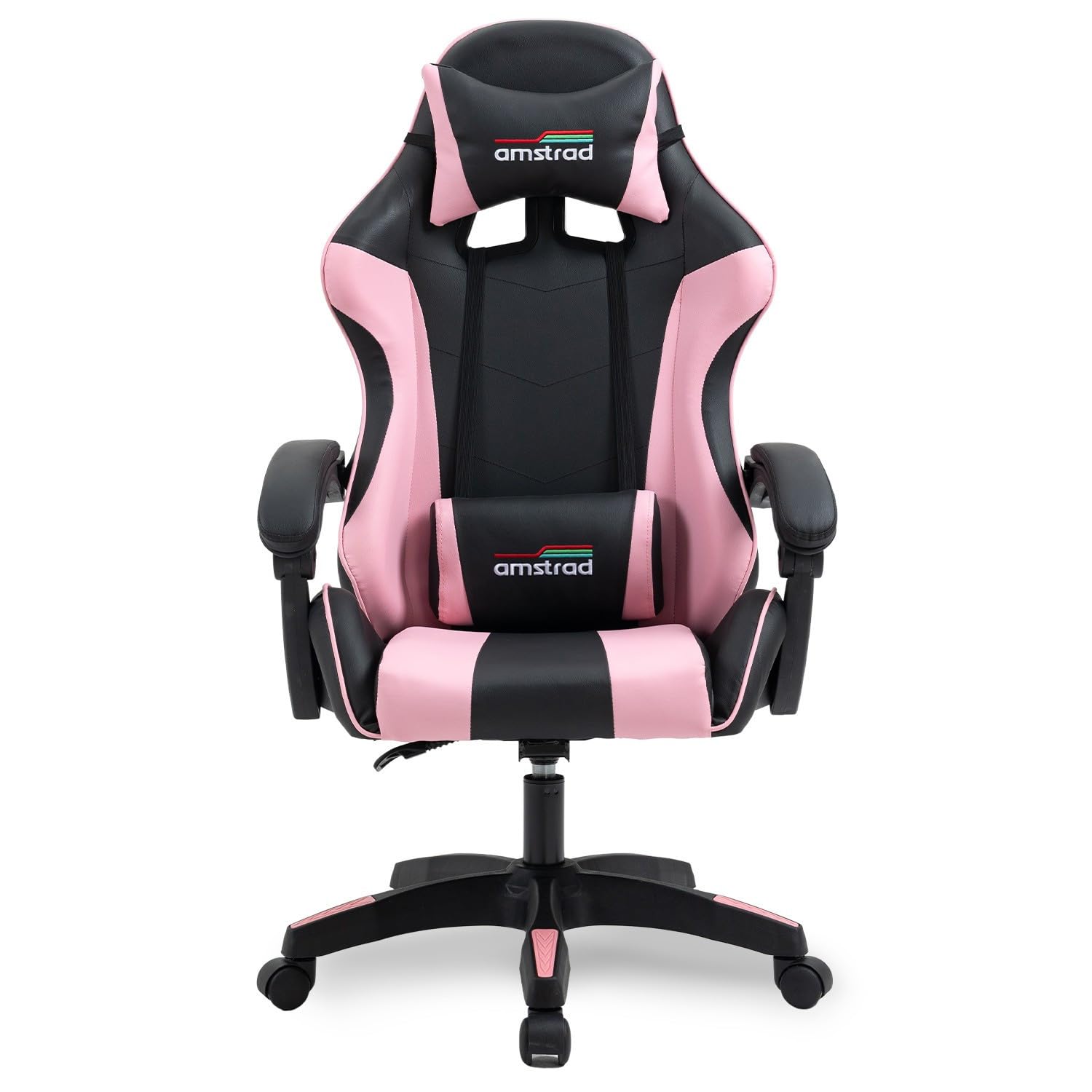 Amstrad AMS-800-PINK Fauteuil/Chaise de Bureau Gamer Coloris Noir & Rose - Coussin Lombaire & appuie tête