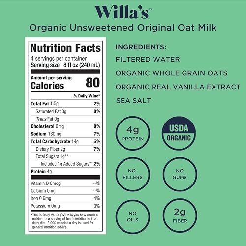 Miniatura 16 de Willa's Leche de avena orgánica – Leche de avena original sin azúcar, sin OMG, estable, baja en azúcar, leche no láctea, hecha de avena integral