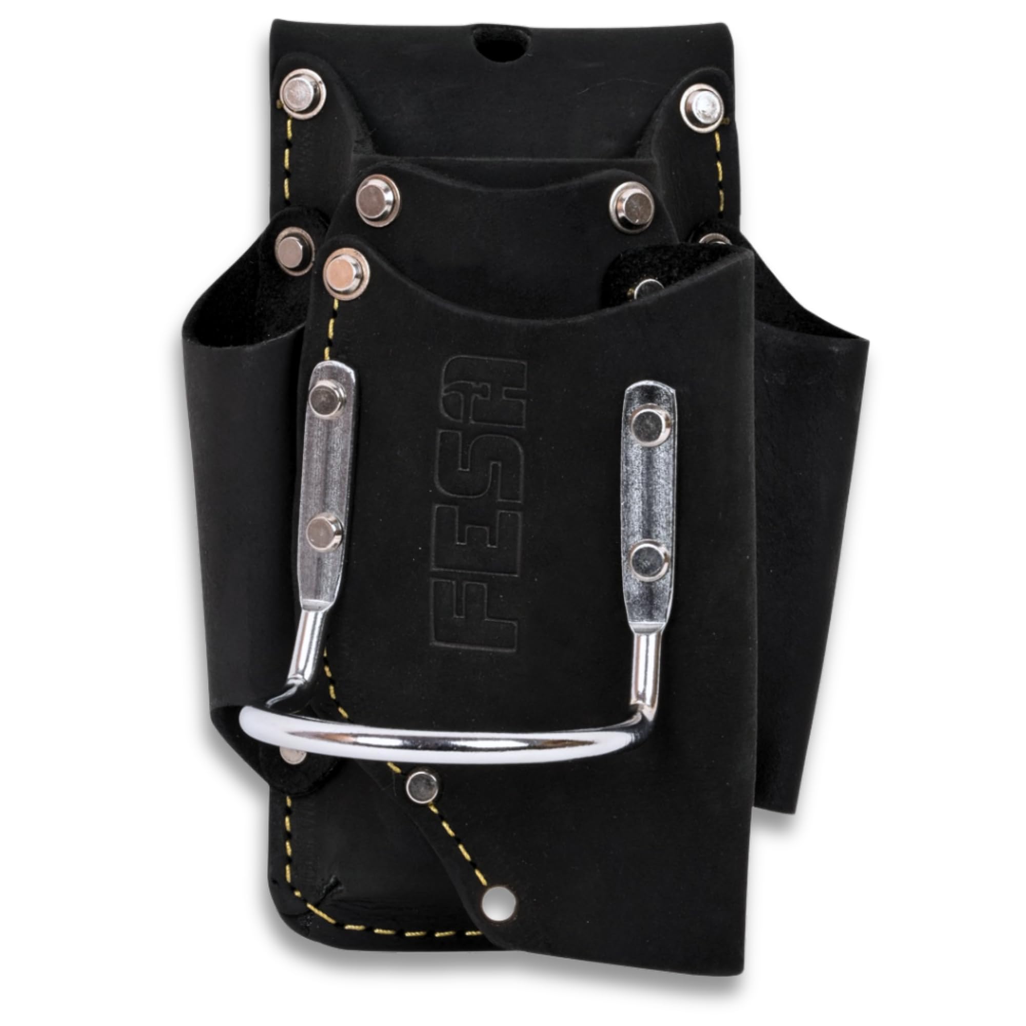 FESA Small Leather Tool Pouch 5-in-1 Heavy Top Grain Leather with Steel Hammer Loop 4 Pockets Reinforced Rivets Fits Belts up to 3'' Handcrafted