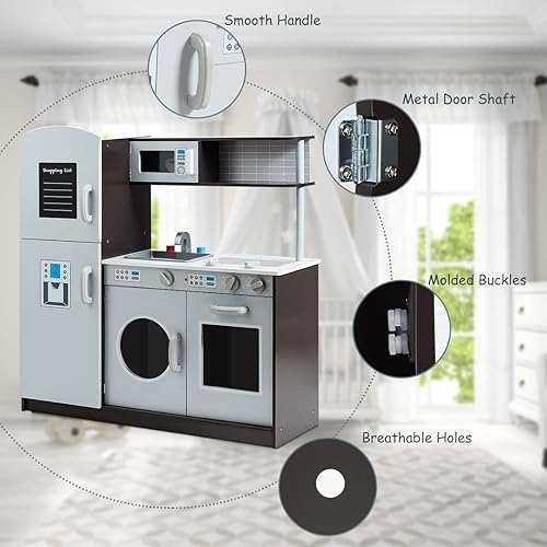 Miniatura 8 de MAT EXPERT Juego de cocina para niños, cocina de juguete de chef de madera con sonido, fregadero, lavadora, armario de almacenamiento, microondas,