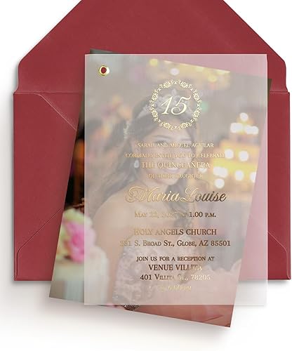 Juego de 10 invitaciones de cumpleaños con marco dorado Sweet 15, invitación de quinceañera para princesa con foto impresa en Vellum, invitaciones