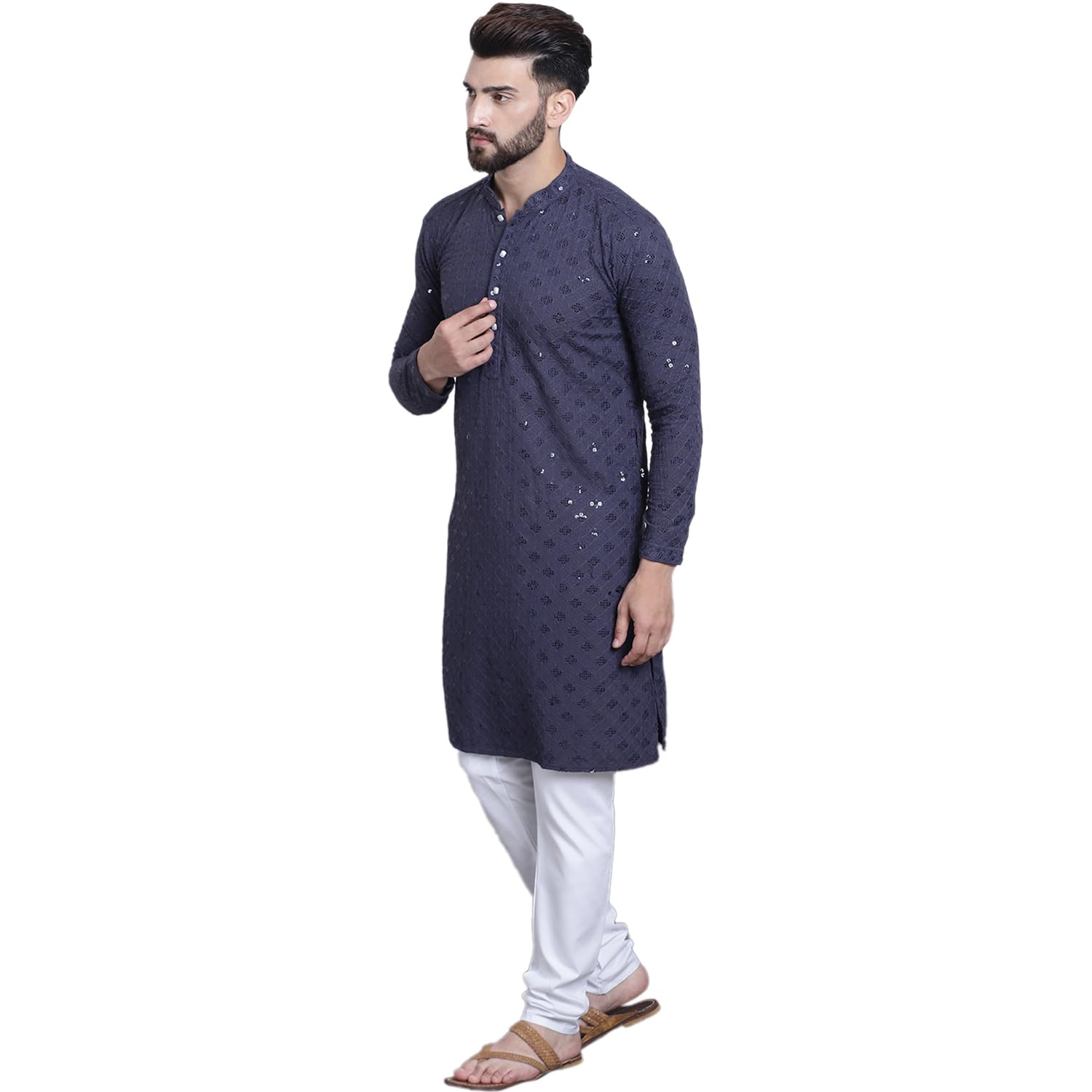 Sojanya (Since 1958 Men's Pure Cotton Grey Sequence Kurta And White Pyjama Set