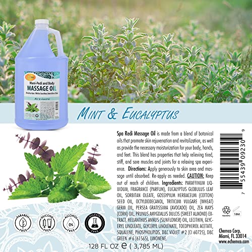 Spa Redi - Massage Oil, Mint Eucalyptus, 128 Oz - Professional Pedicure, Manicure, Body Massage Therapy, Made With Almond Oil, Cotton Seed Oil, Sunflower Oil, Avocado Oil, Essential Oils, Vitamin E #TOP6