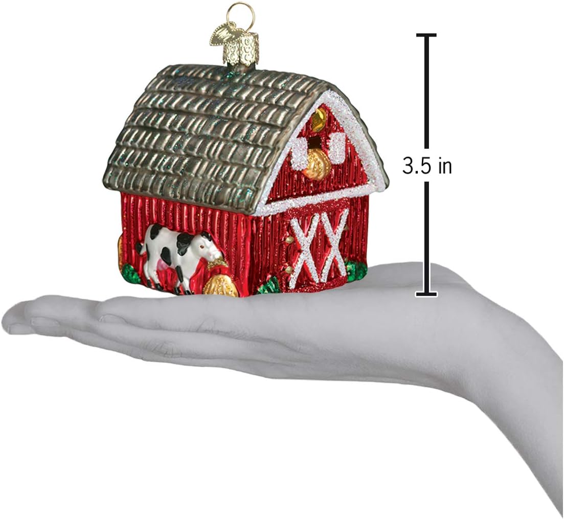 Old World Christmas Barn with Farm Animals Glass Blown Ornament for Christmas Tree, Handcrafted Holiday Decoration, Farm Animal Collection