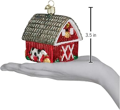 Old World Christmas Barn with Farm Animals Glass Blown Ornament for Christmas Tree, Handcrafted Holiday Decoration, Farm Animal Collection