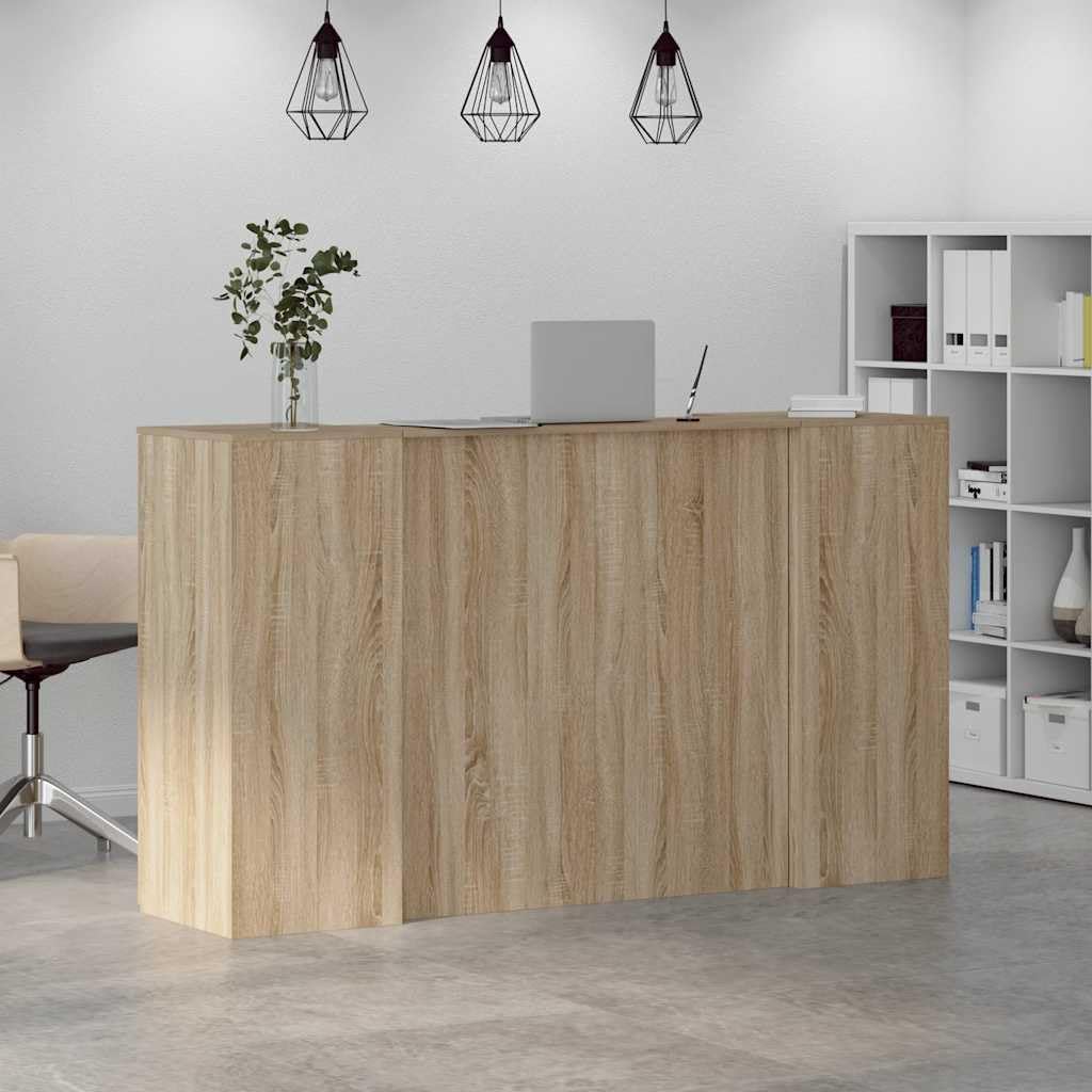 Mesita de recepción de roble Sonoma, 180 x 50 x 103,5 cm, material de madera con espacio de almacenamiento, armario auxiliar y compartimento de almacenamiento para oficina, oficina en casa