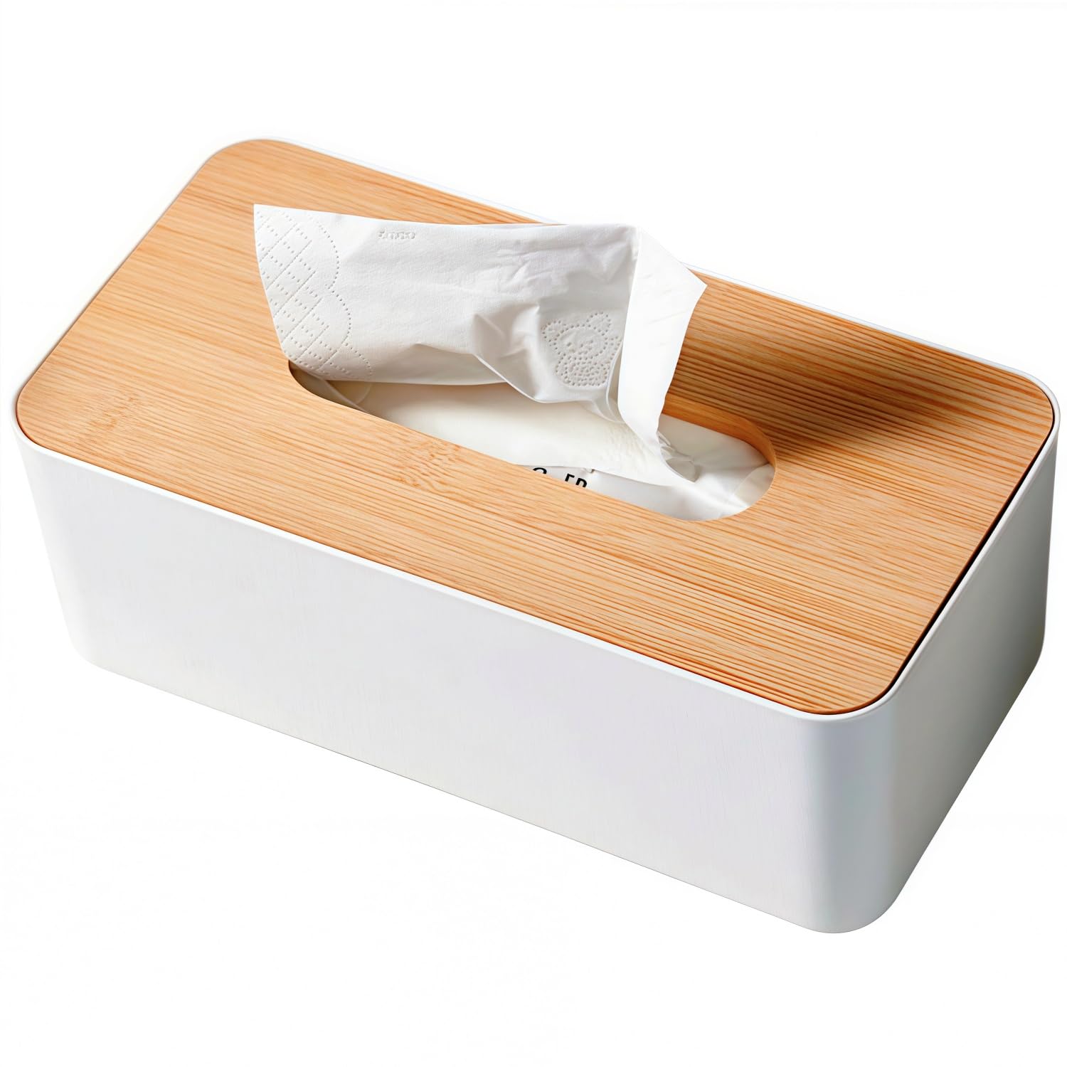 Tissue Box with Bamboo Cover,Plastic Tissue Organizer,Bathroom Tissue Dispenser for Home,Bedroom,Office,Living Room,8.1×4.6×2.9 in (Grey)