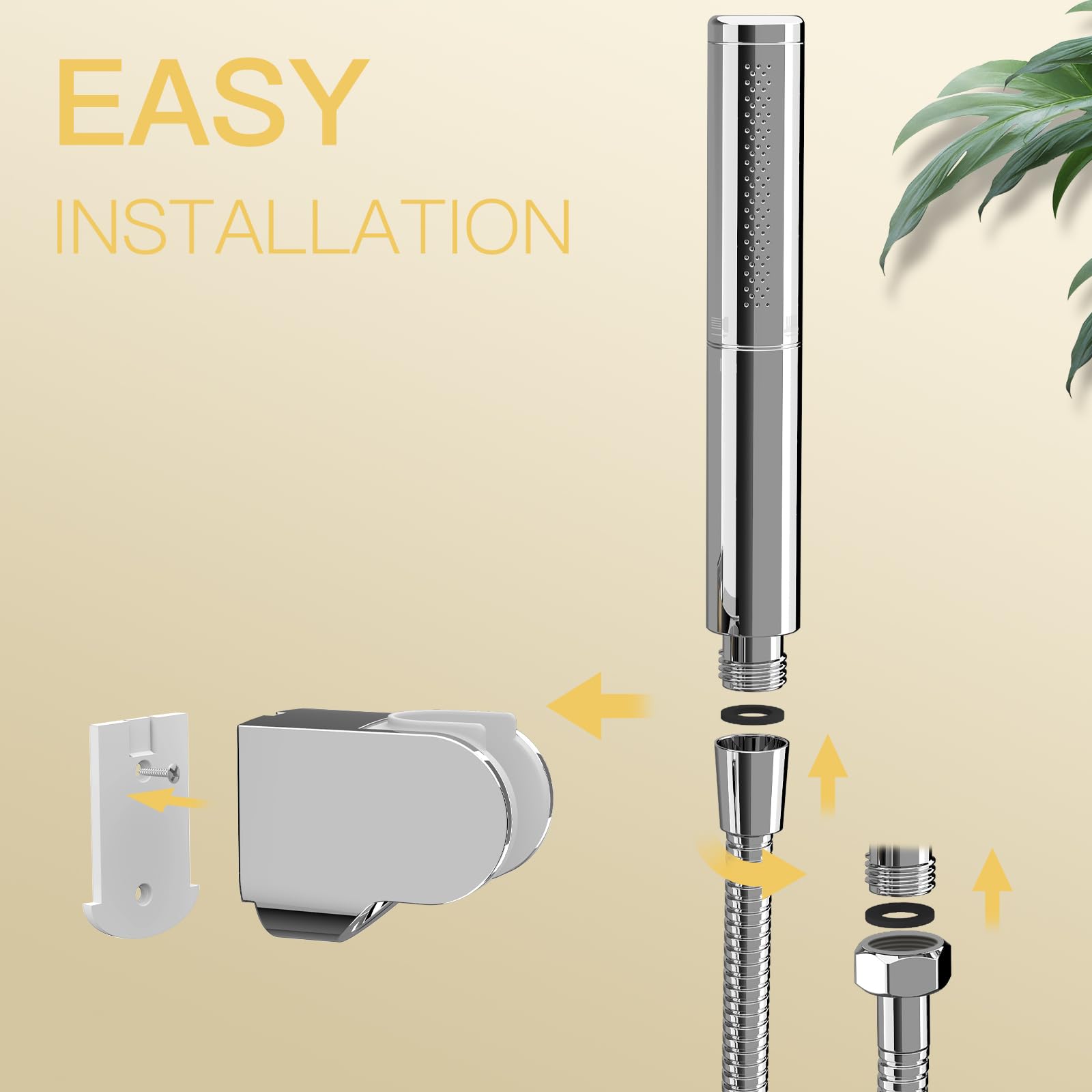 BESy Soffione doccia portatile 2 in 1 in ottone cromato ad alta pressione da 17,8 cm, soffione doccia ad alto flusso con tubo flessibile da 150 cm, staffa, cromato