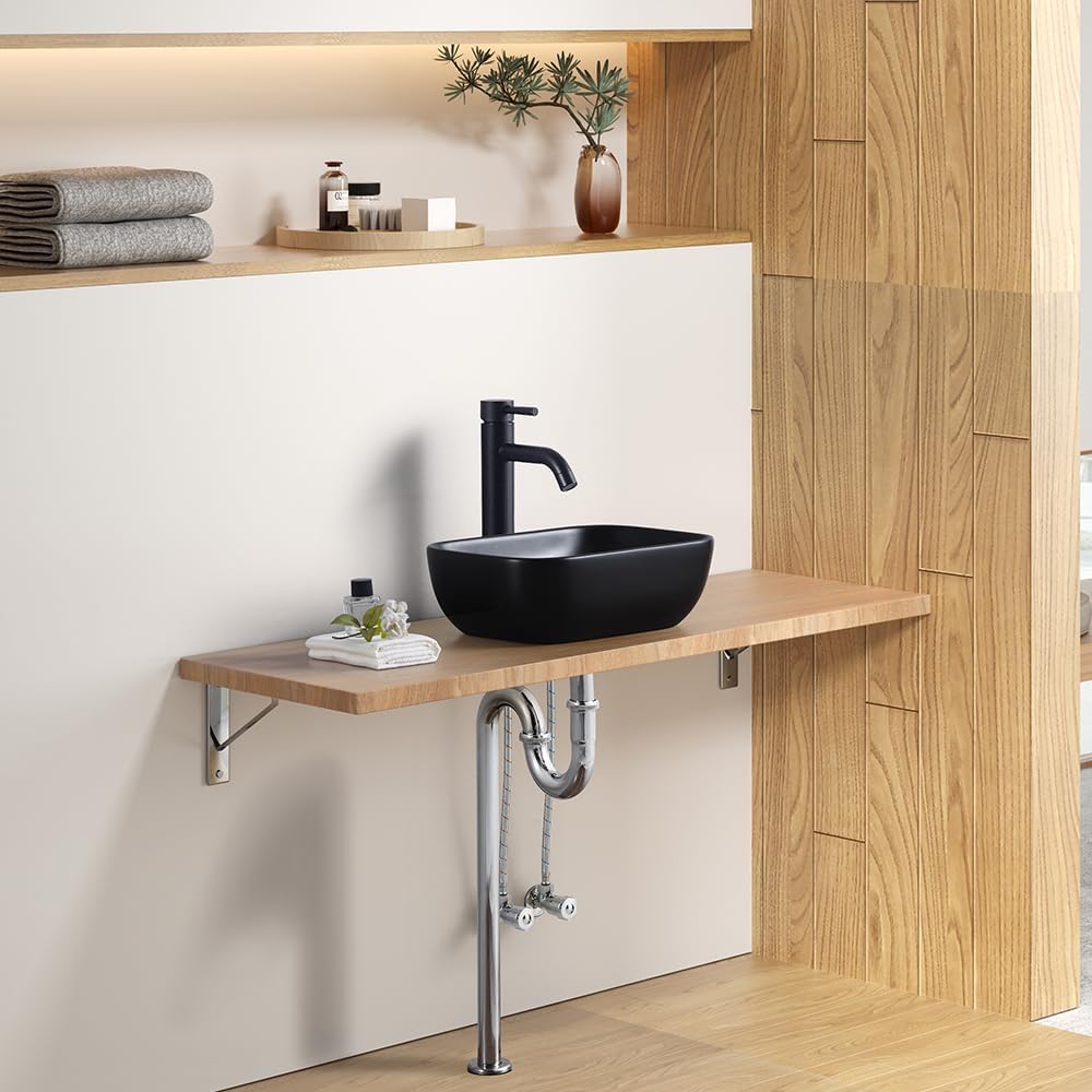 Black Vessel Sink 14.5"x10" Small Bathroom Sink Above Counter 14 Inch Black Ceramic Porcelain Small Vessel Sink Bowl for Vanity Wash Basin