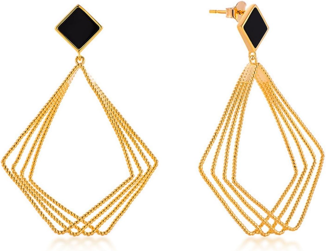 Geometric Drop Earrings Gold-Plated with Black Stone Stud Multi-Chain Design Earrings,1pair/pack - Image 2