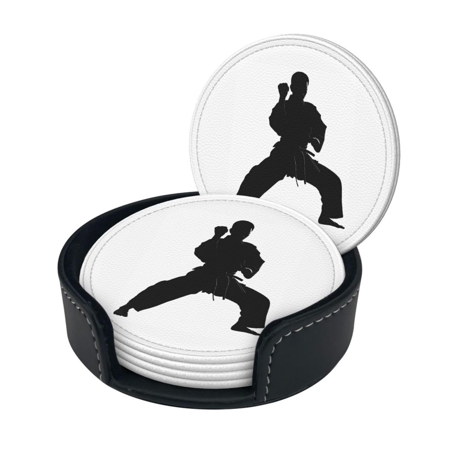 Karate Print Coaster,Round Leather Coasters with Storage Box for Wine Mugs,Cold Drinks and Cups Tabletop Protection (6 Piece)