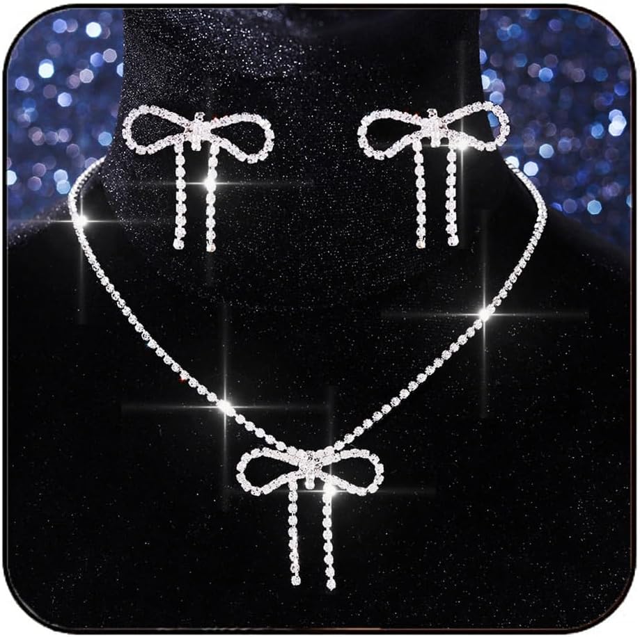 Aukmla Rhinestone Bow Jewelry Set Silver Bowknot Pendant Necklace Earring Sets Prom Wedding Costume Necklaces for Women