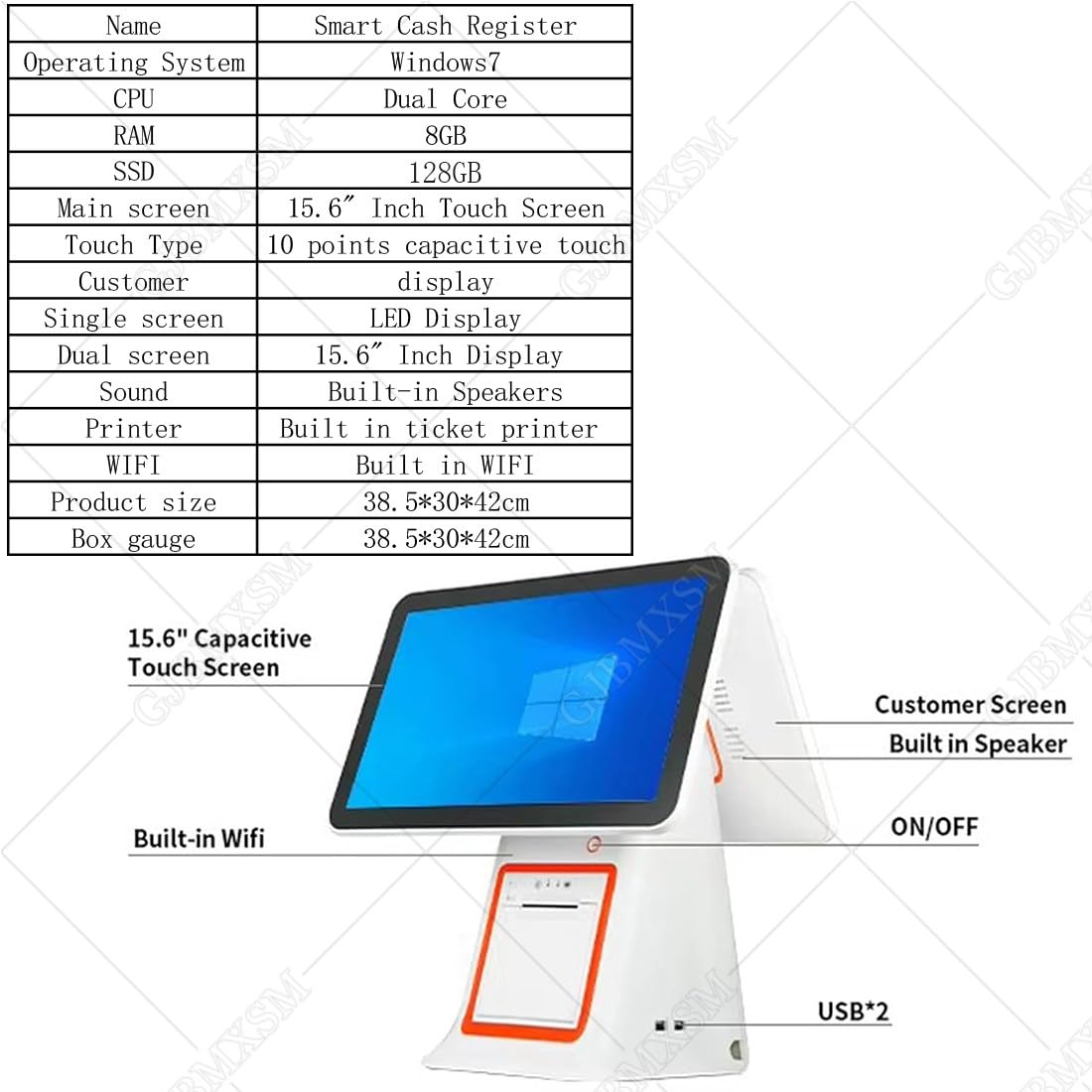 Caisse enregistreuse à écran Tactile, Caisse enregistreuse Intelligente Tout-en-Un, Double écran Tactile 15,6 Pouces, pour systèmes de Point De Vente au détail, Restaurant et Magasin White