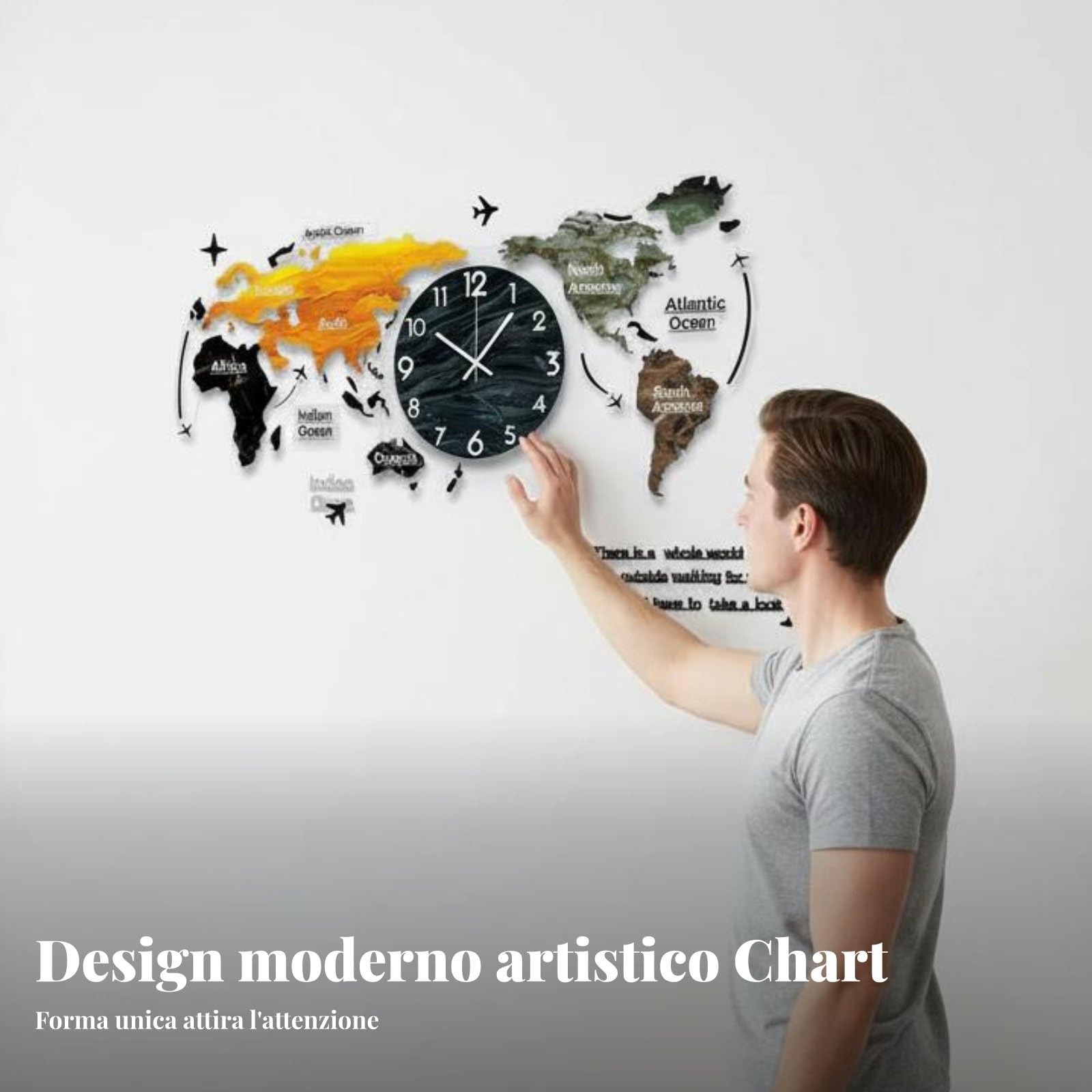 Orologio da Parete Mappa Orologio Decorativo Orologio Silenzioso Orologio Moderno con Design Minimal Effetto 3D Multistrato Superficie in Acrilico, 120x55cm, LED Nero