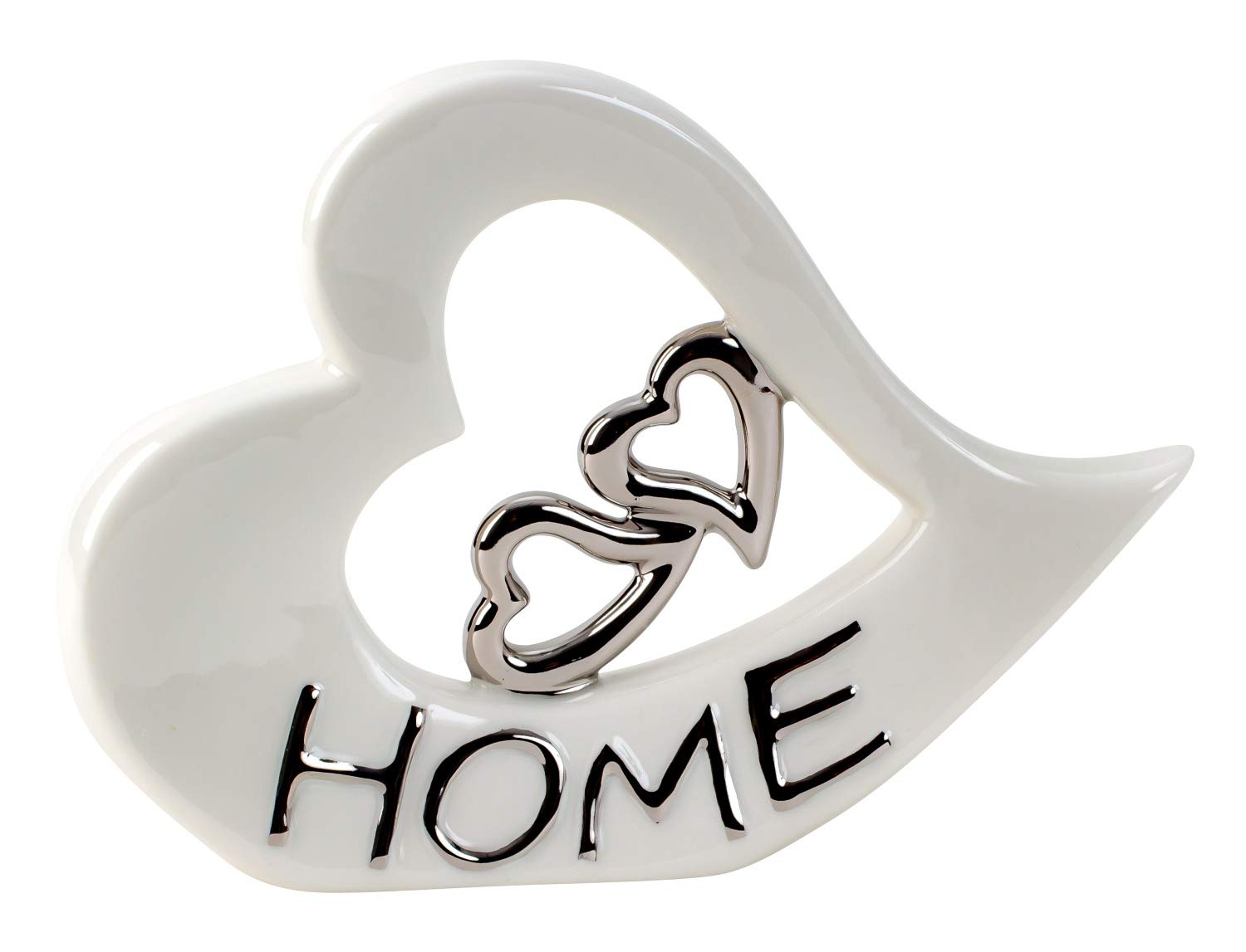 Lifestyle & More Escultura Moderna corazón de cerámica Blanco y Plata 22x16 cm