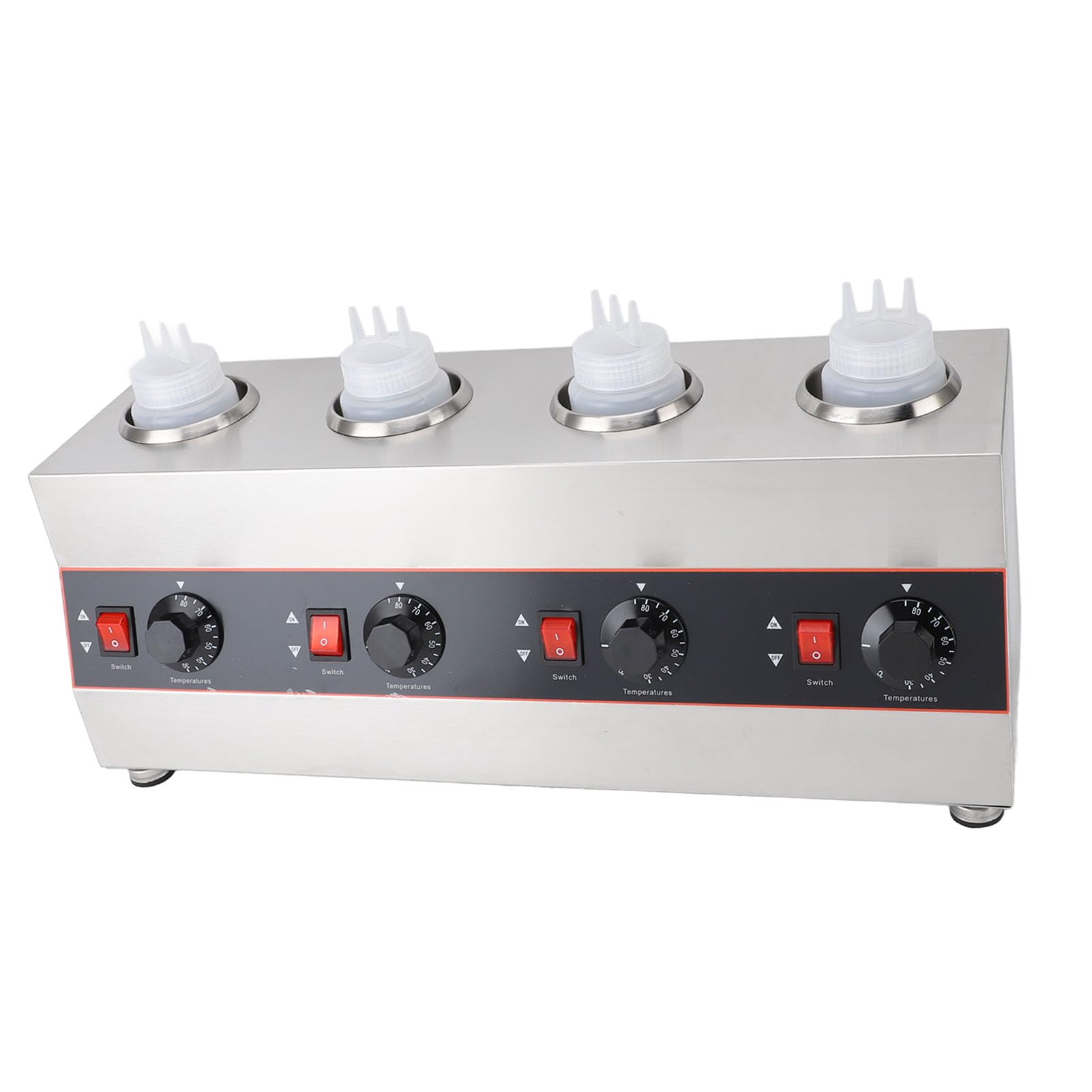 Fdit Calentador de Eléctrico con 4 Botellas Exprimibles, 640W Dispensador de Queso Comercial 2600ml 30-85°C Ajustable Acero Inoxidable para Nacho Queso Caramelo Chocolate (Enchufe Europeo 220V)