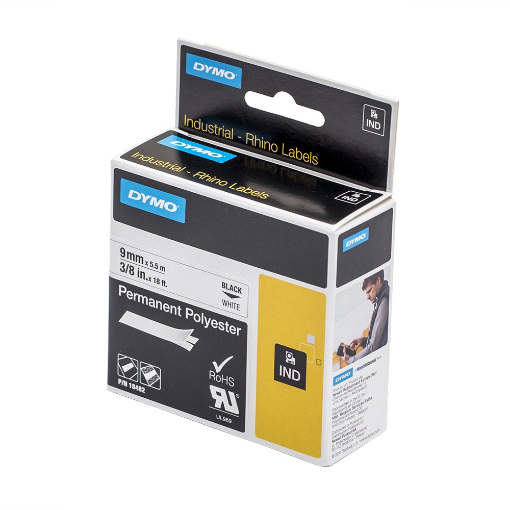 5 x Dymo 18482 Rhino Industrie Polyester Etiketten, selbstklebend, 9 mm x 3,5 Schwarz auf Wei + Papermate Kugelschreiber Geschenk