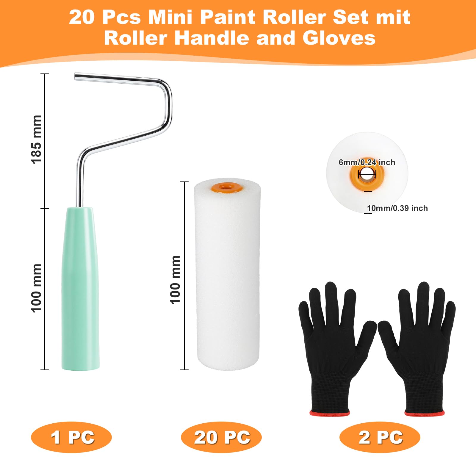 Set de 20 Rodillos Espuma Pintura, Rodillo Pintura 10cm con Mango Guante, Rodillo de Espuma, Rodillo de Pintura para Todas las Superficies Lisas, Puertas, Mesas, Paredes, Armarios