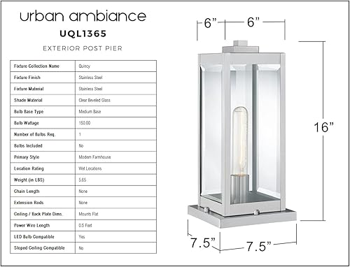 Miniatura 8 de Urban Ambiance Lujo y moderno poste para exteriores, luz de muelle, tamaño mediano 16 pulgadas de alto x 7.5 pulgadas de ancho, con elementos de