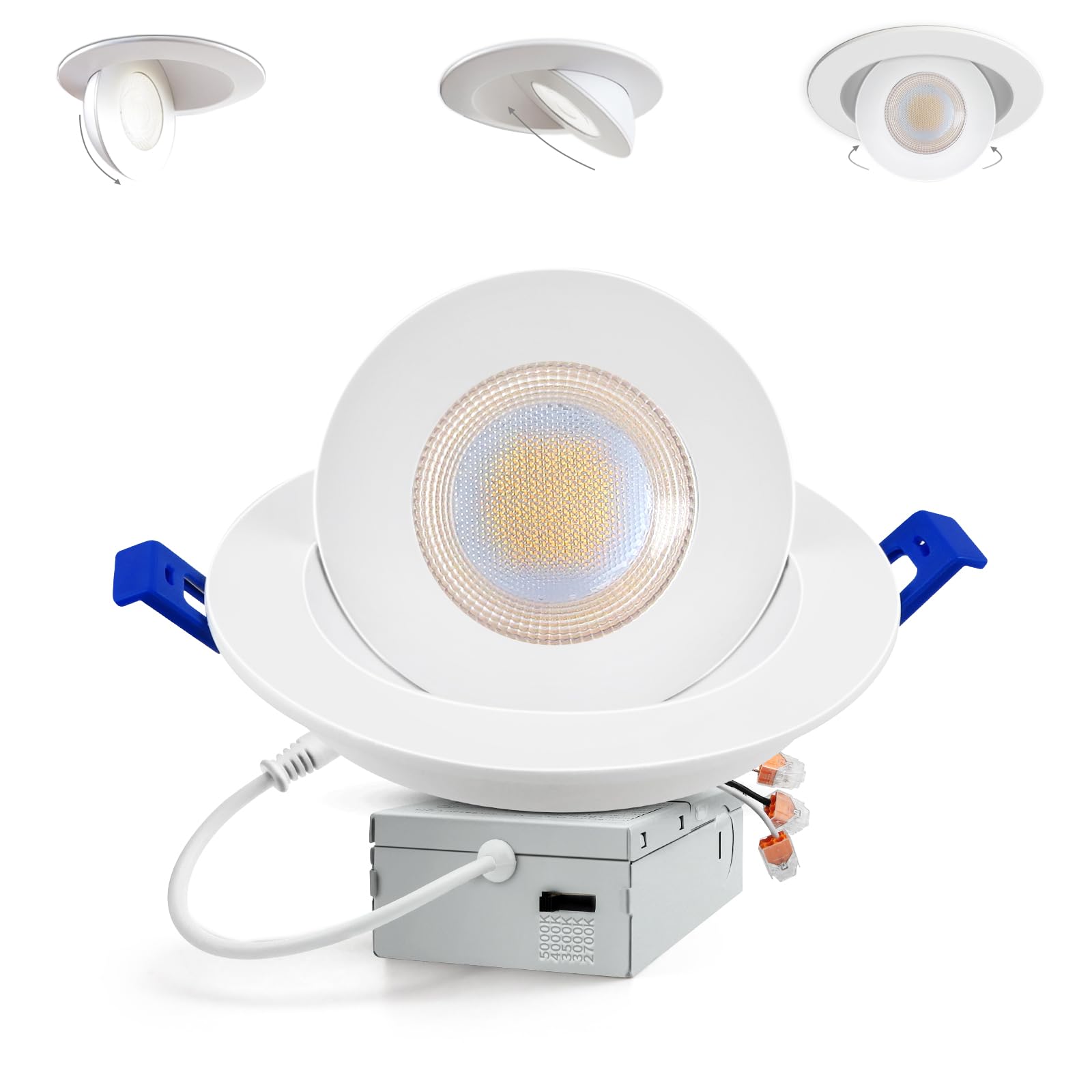 Adetu Led Recessed Lighting 6 inch, 360°+90° Adjustable Directional Gimbal 6 inch Led Recessed Light, 2700K-5000K 5CCT Dimmable Retrofit Eyeball Can Recessed Lights with Jbox, ET (White,1 Pack)