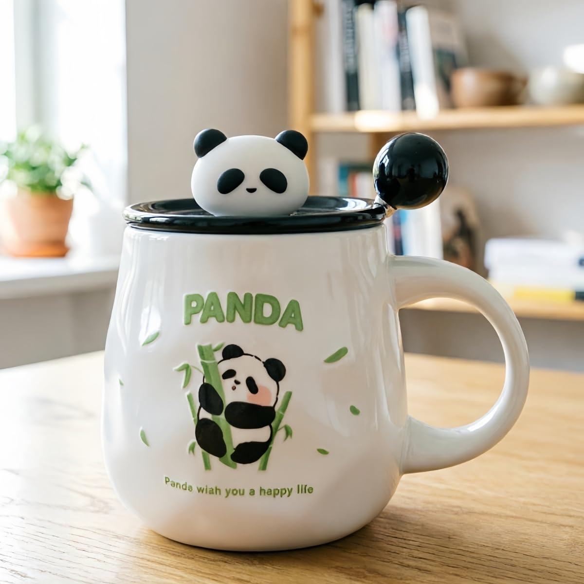 Panda Tasse mit Deckel Löffel Keramiktasse 400ml Matt Weiß süße Kaffeetasse Teetasse Geschenk Freundin Büro Geburtstag 2 Motive (Augen-zu-Panda – 4er-Set)