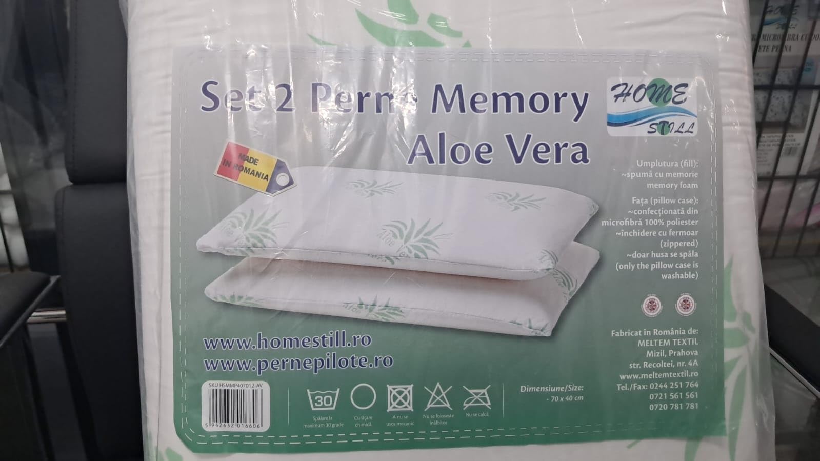 HOME STILL Juego de 2 almohadas de espuma viscoelástica, 40 x 70 x 12 cm, diseño de aloe vera, exterior de microfibra agradable al tacto, soporte para el cuello, sueño profundo y cómodo, lavable a