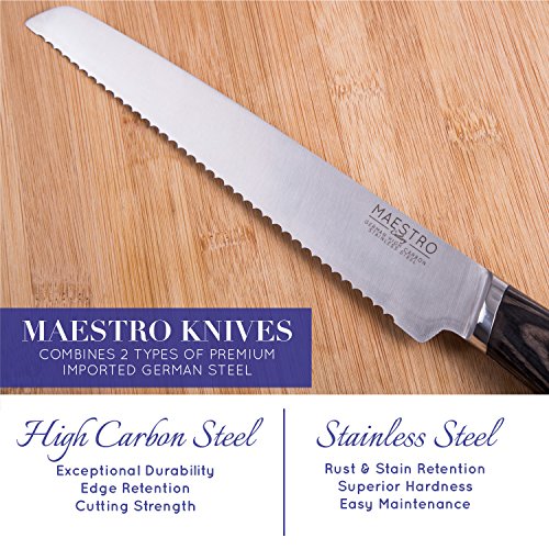 Maestro Cutlery Volken Series German High Carbon Stainless Steel 8” Inch Bread Knife, 8” Inch Chef’s Knife, 3.5” Inch Paring Knife, 8” Inch Slicing Knife, and 5” Inch Utility Knife with Black Wood Han
