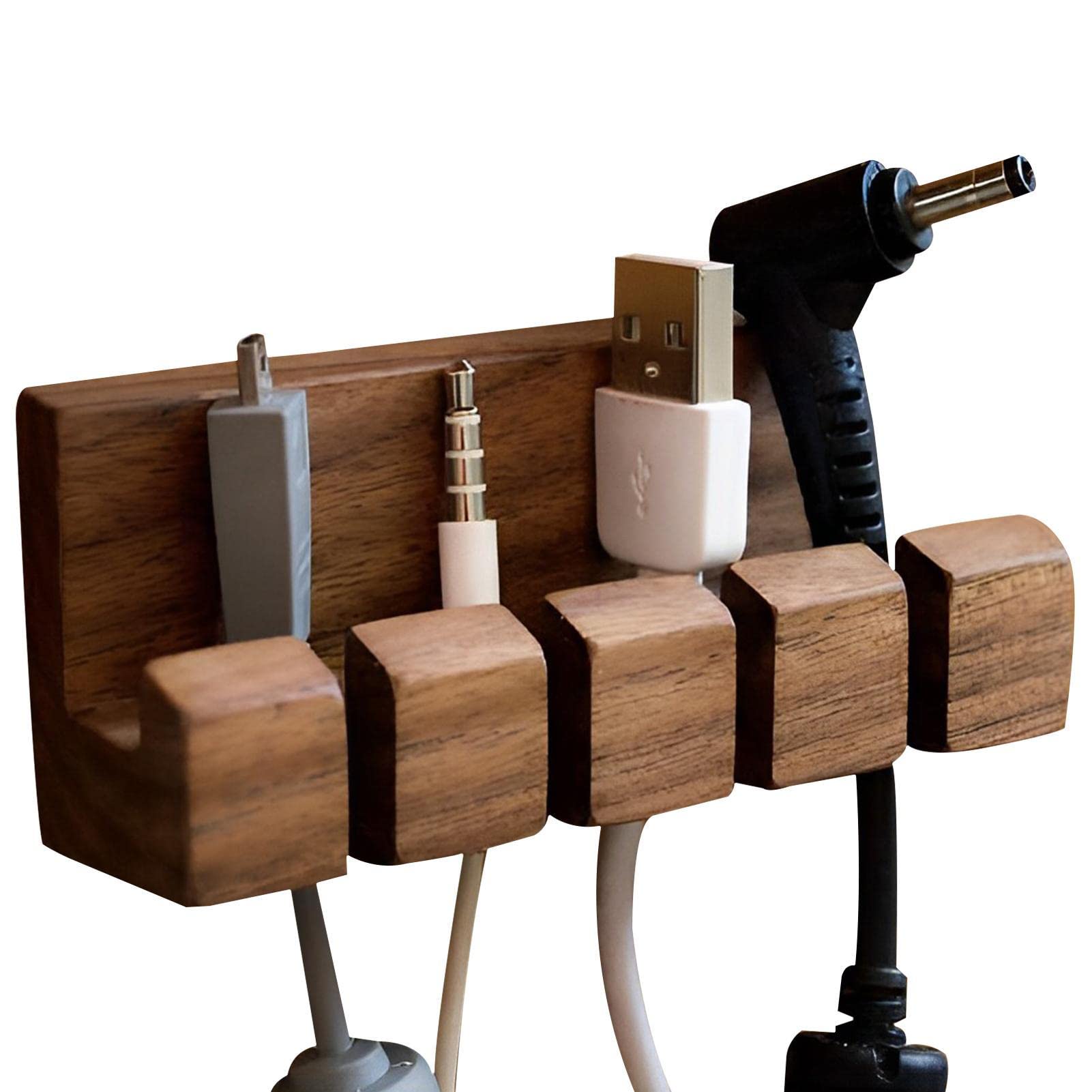 Kabelorganizer, USB-kabelhouder van hout, draadorganizer, zelfklevend, kabelclips, tape achterop, 4 gaten voor desktop-USB-oplaadkabel
