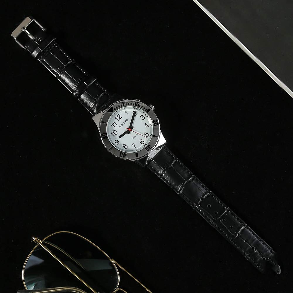 Reloj parlante analógico con alarma, anuncio de hora y fecha en francés para ciegas y personas con discapacidad visual, correa de piel negra TFBW-1601F, Clásico