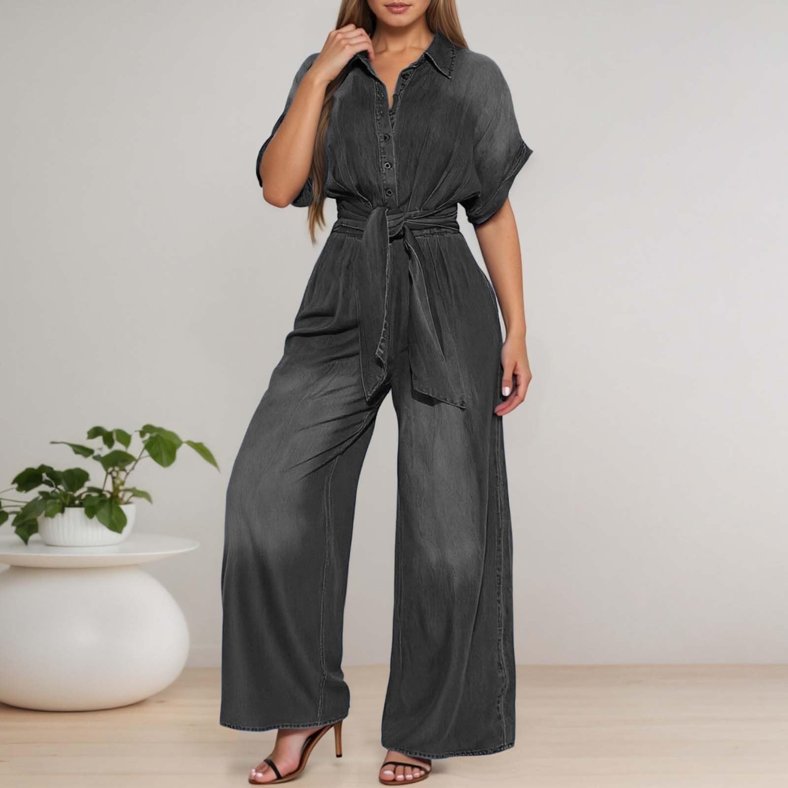 Générique Combinaison Femme Élégante Combishort Sexy Ete Femmes Manches Courtes Col Rond Couleur Unie Barboteuse Jumpsuit D'été Chic Élégant Slim Pantalon Loose Casual Avec Ceinture