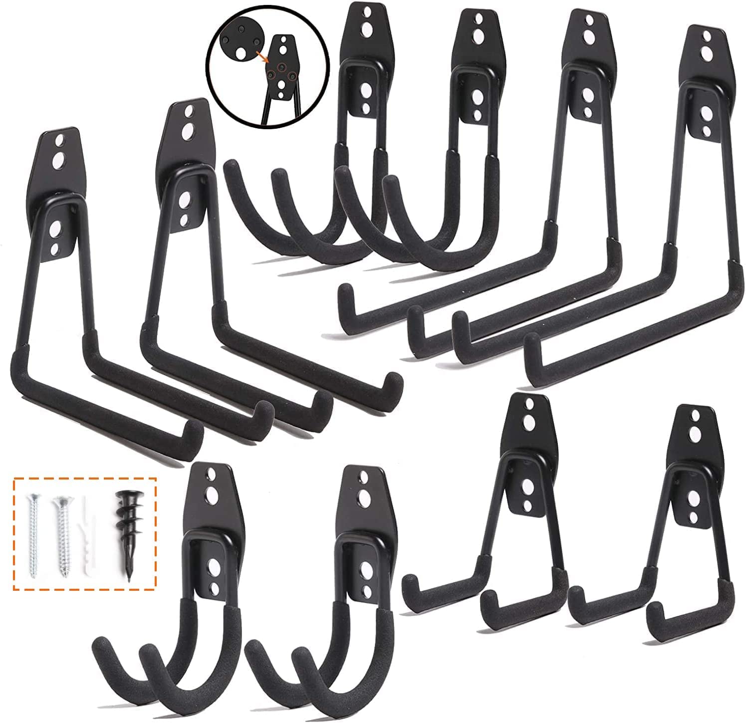 Garage Storage Hooks Steel Tool Hangers for Garage Wall Mount Utility Hooks and Hangers with Anti-Slip Coating for Garden Tools, Ladders, Bikes, Bulky Items (10pcs, Black)