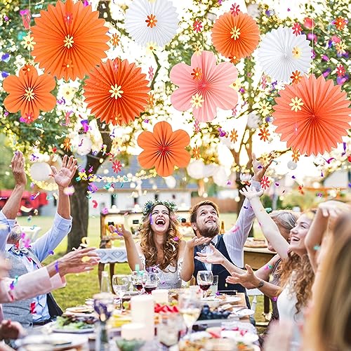 Image of SUNBEAUTY Paper Flowers Decorations for Wall, Spring Pink and Orange Party Decorations, Orange Pink Groovy Paper Fans Classroom for Wall Hanging Decor for Office Baby Shower Bulletin Board, Set of 9