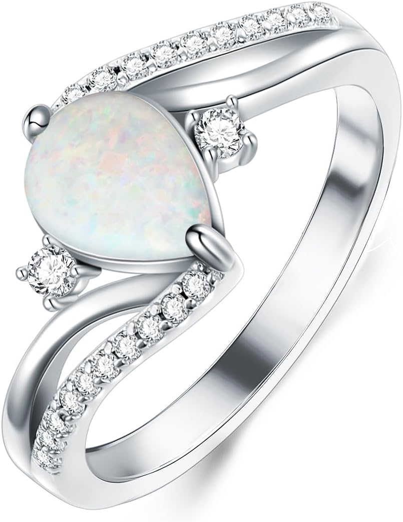 White Opal Engagement Rings for Women 925 Sterling Silver with Teardrop Synthetic Gemstones Dainty CZ Ring Jewelry for Promis Weddings