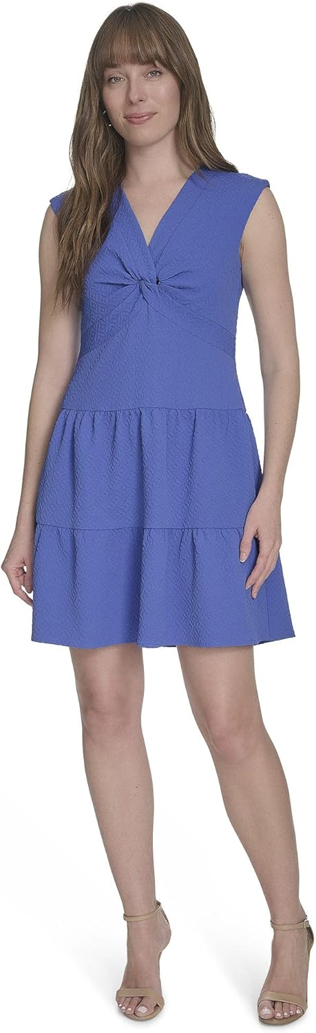 Tommy Hilfiger Women's Twist Front Tiered Cap Sleeve Fit & Flare Dress 4 Petite Amparo Blue
