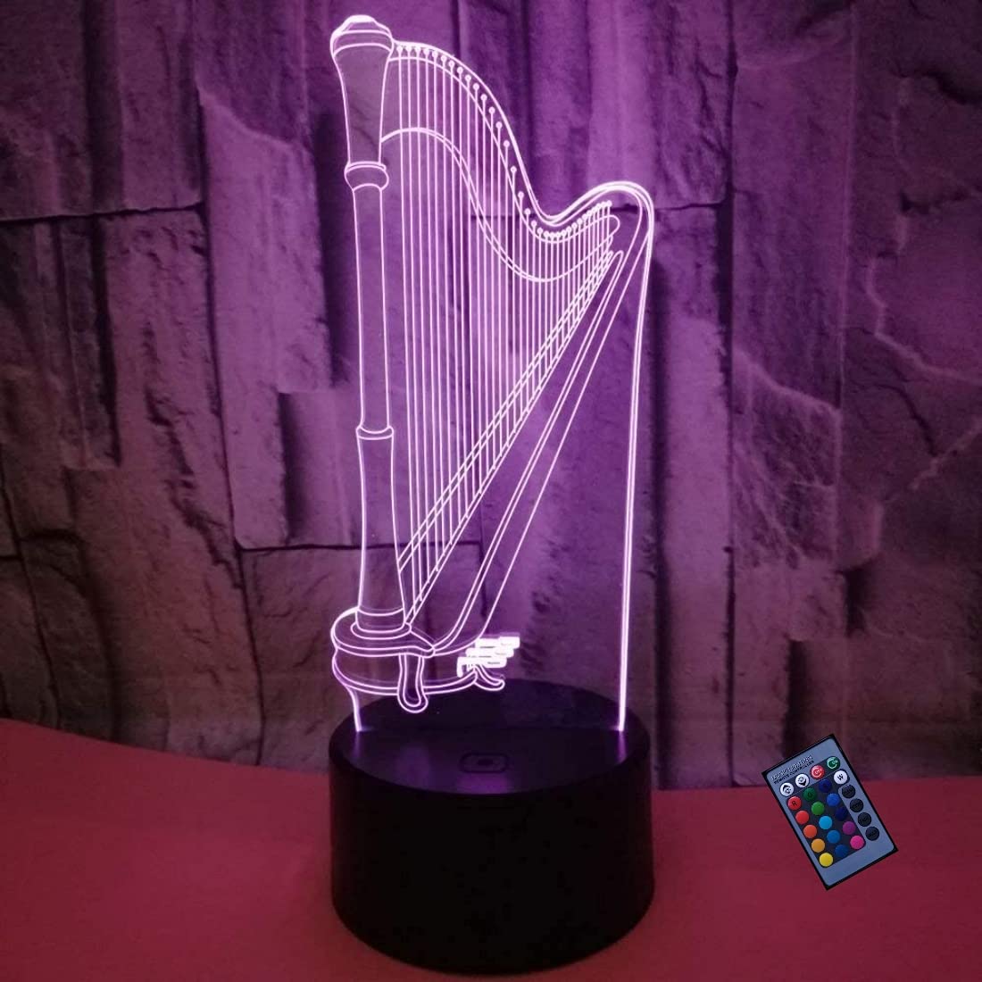 Ytdzltd 7 Colors Creative 3D Harp Night Light 16 Colors Changing Usb Power Remote Control Touch Switch Decor Lamp Optical Illusion Lamp Led Table Desk Lamp Children Kids Christmas Brithday Gift