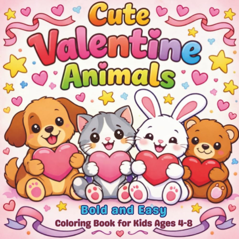 Cute Valentine Animals Bold and Easy Coloring Book: For Kids Ages 4-8