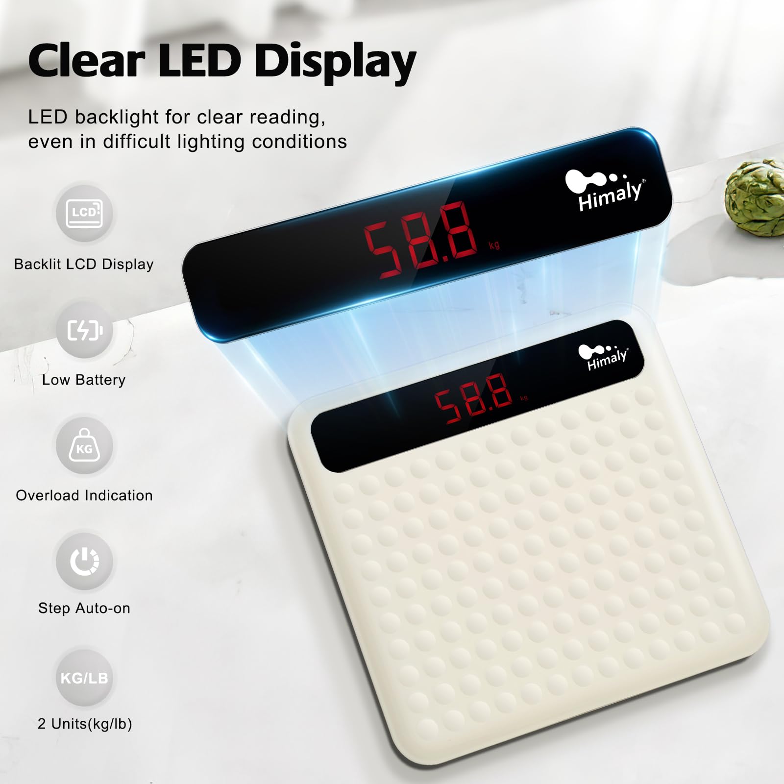 himaly Bilancia pesapersone digitale da bagno, tecnologia Step-On, ad alta precisione, con grande piattaforma in silicone antiscivolo e display digitale LCD, capacità 180 kg, colore: bianco