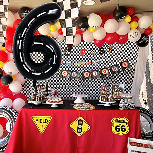 Image of TONIFUL Race Car Black Balloons Car Birthday Party Supplies,40 Inch Giant Jumbo Helium Foil Mylar Big Number 6 Digital 6 Balloons for Boy's Birthday Party Truck Race Car Theme Party Decorations | 6th 16th 26th Race Car Birthday Party Supplies Foil Black 6 Balloon for Boys Men Fast Checkered Flag Party Decor