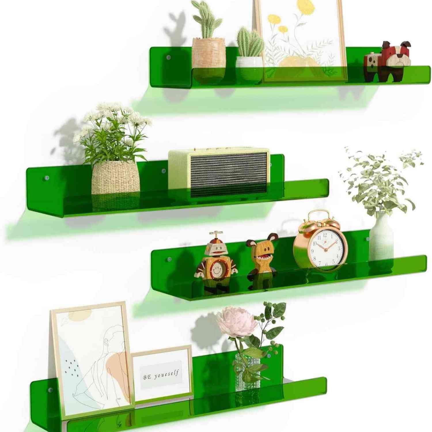 SaryEdge 4 Pack Floating Acrylic Shelves - Clear Wall Decor for Books, Perfume & Bathroom nization, Sturdy Space-Saving Display Shelves for Bedroom & Living Ro,Green