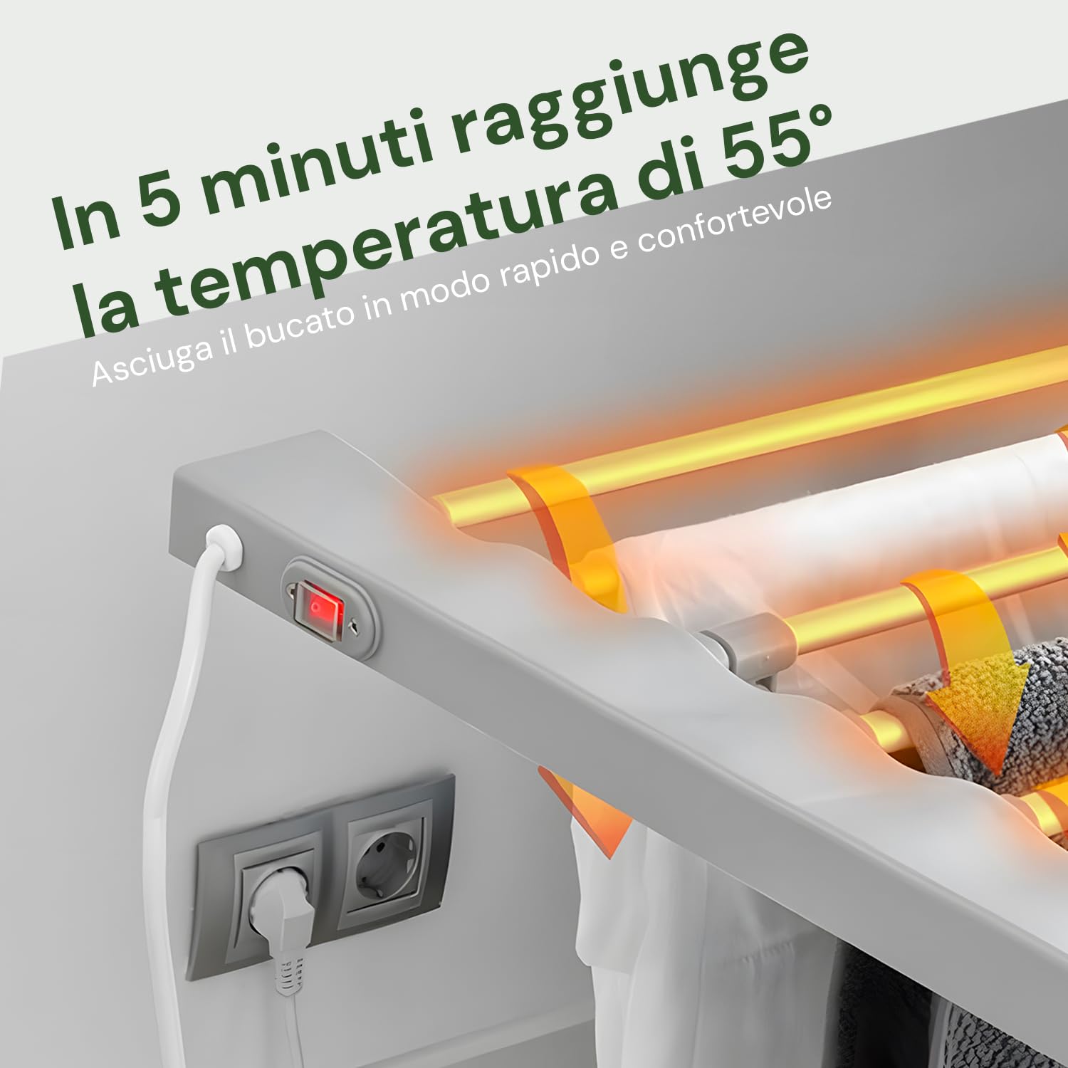 Wintem ClassiDry Stendino Elettrico 120W con 8 Barre Riscaldanti - Stendibiancheria Compatto e Pieghevole - Asciugatura Rapida ed Efficiente - Stendi Biancheria con Protezione IXPI