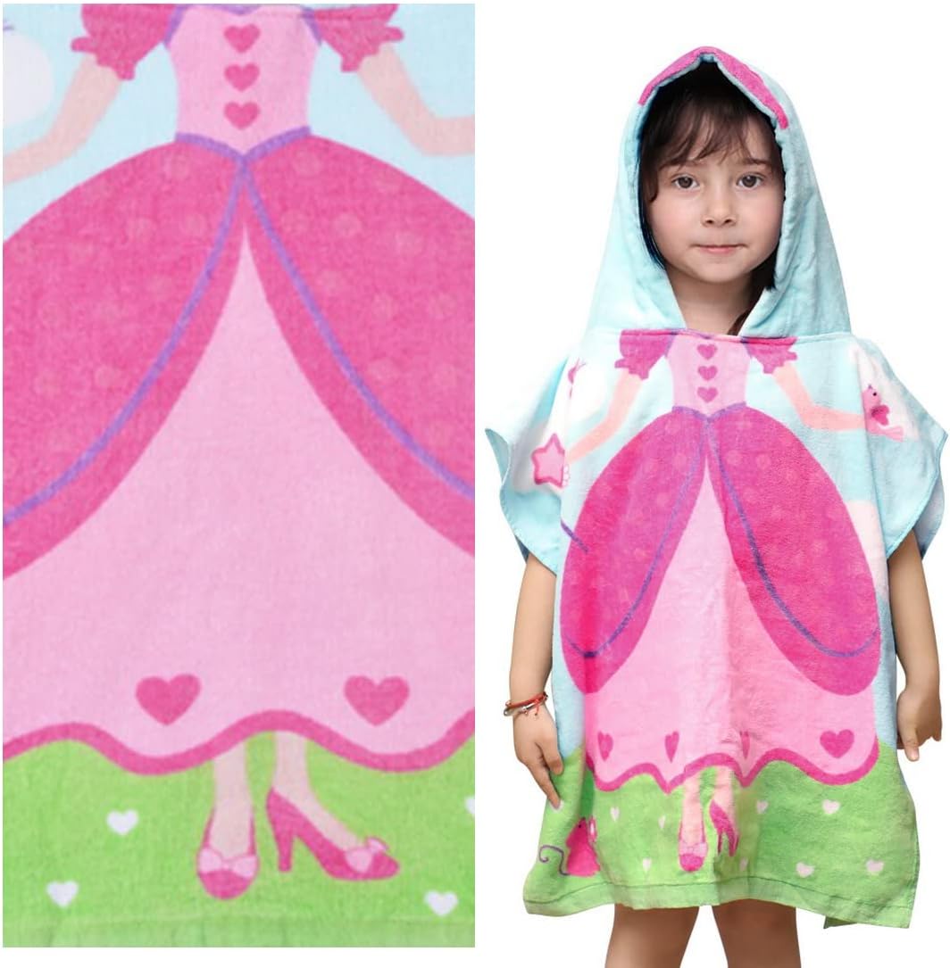 Hooded Bath Towel Princess for Girls Kids Toddlers 2 to 6 Years Old, Cotton Ultra Soft Absorbent Poncho Beach Towel for Pool Swim Pink 23" x 24" Princess Theme