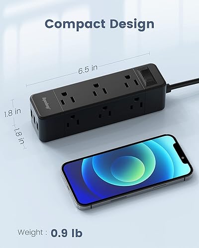 Miniatura 7 de Regleta protectora contra sobretensiones, 9 tomas de corriente ampliamente espaciadas con 3 puertos USB, extensor de 3 salidas laterales con cable