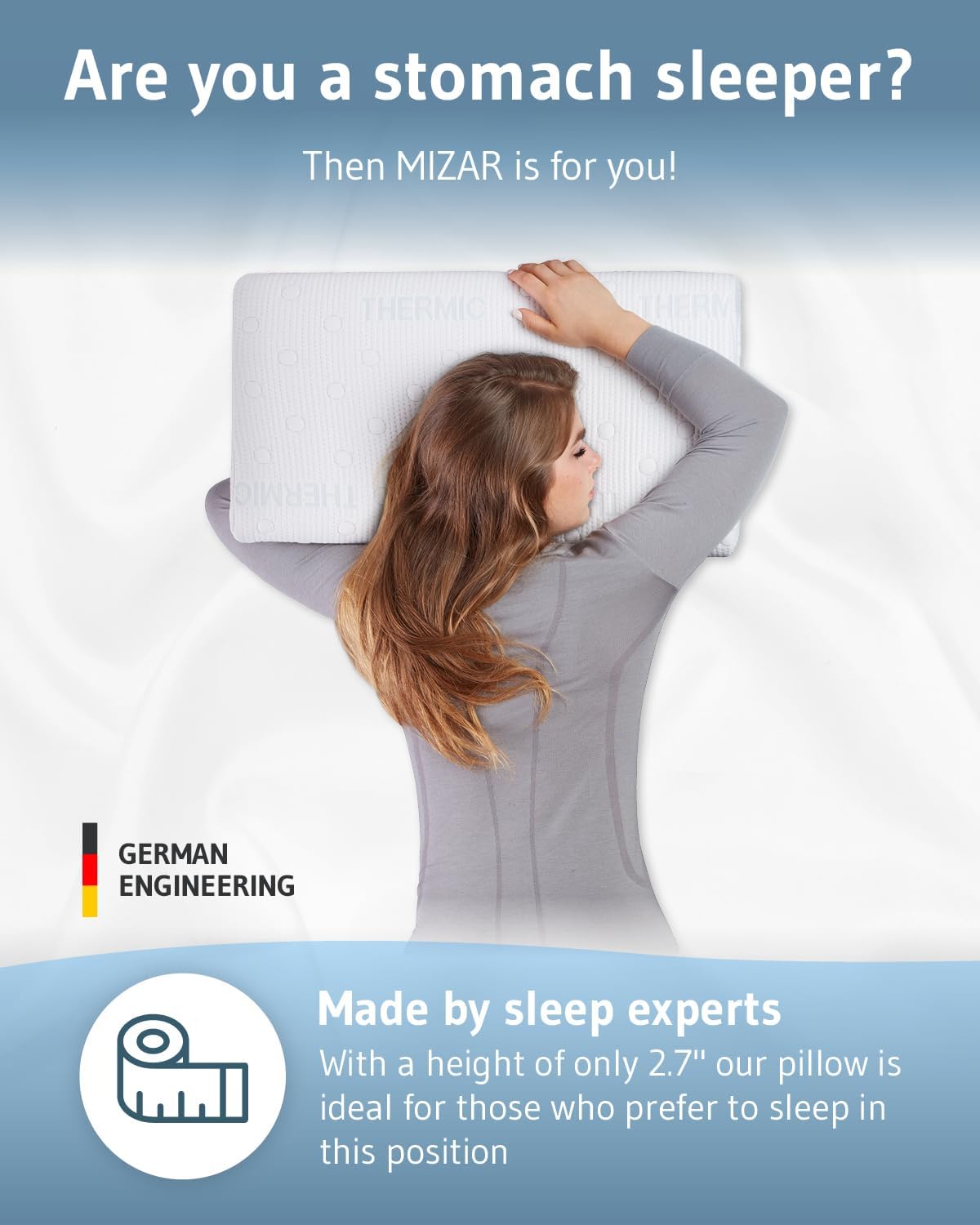 Stomach Sleeper Pillow MIZAR, Ultra thin 2.7” pillow designed in Germany, Ergonomic pillow with washable pillowcase, Flat memory foam pillows for belly sleepers, Orthopedic neck pillow for pain relief